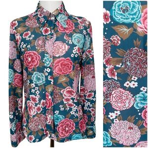Vintage Personal Floral Button Up Shirt Womens M Teal Pink 70s Dagger Collar
